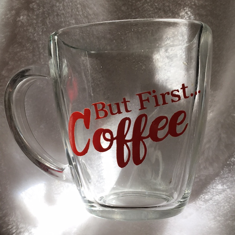 Clear Glass Coffee Mug with Red Text - Picture 2 of 2